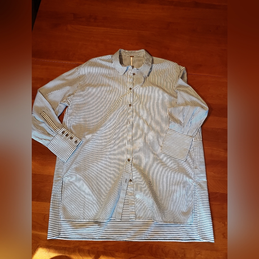 Free People Hi-Lo Striped Tunic, Size S/P, green-grey striped on white.